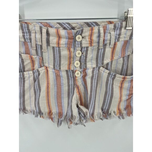 Free People Women Size 0 Striped Linen Blend Button Fly Frayed Hem Shorts - Picture 8 of 12